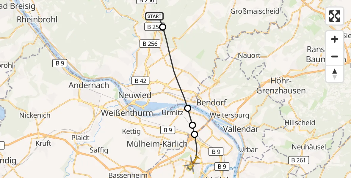 Flugroute Rettungshubschrauber Rengsdorf - Koblenz, 03 September 2026, 10:28