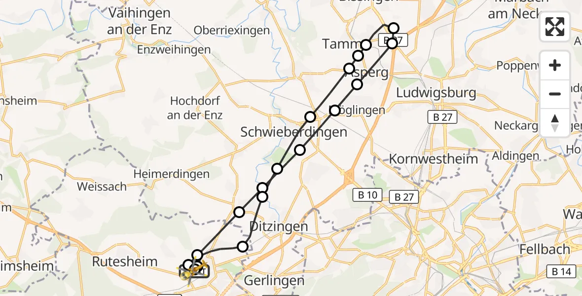Flugroute Rettungshubschrauber Leonberg Hospital - Leonberg Hospital, 03 September 2026, 10:30