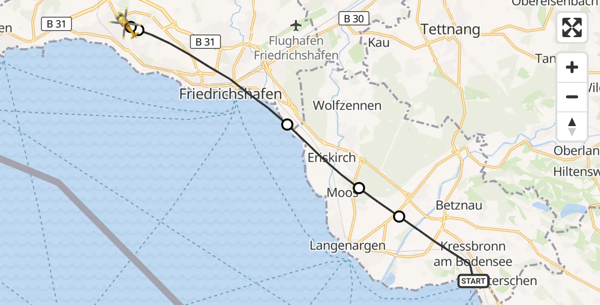 Flugroute Rettungshubschrauber Kressbronn am Bodensee - Friedrichshafen Hospital, 03 September 2026, 10:32
