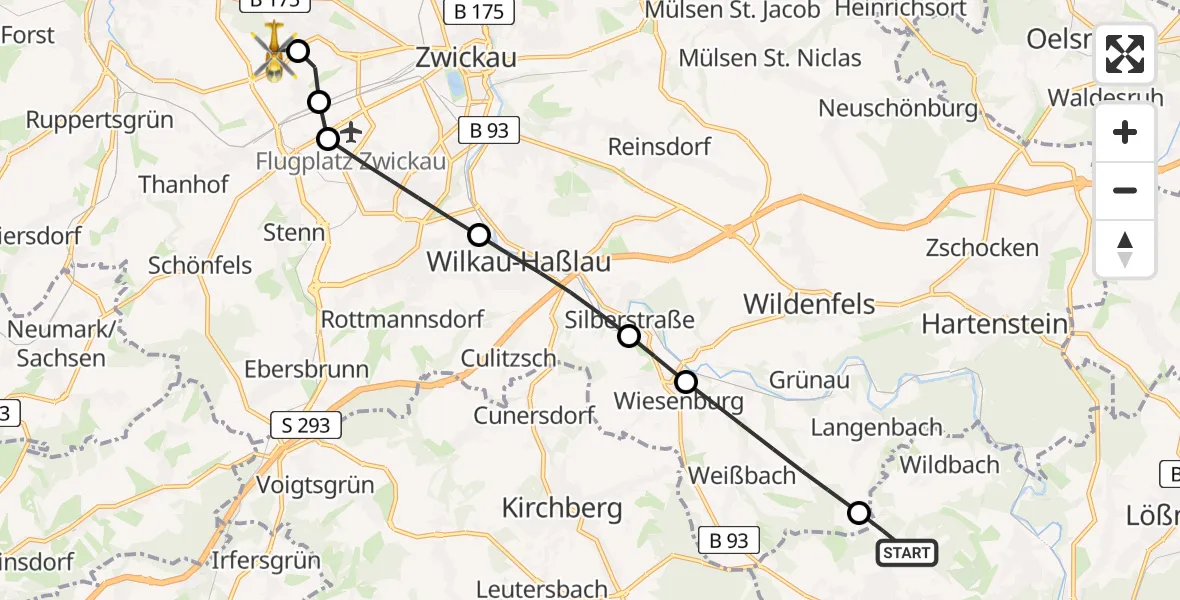 Flugroute Rettungshubschrauber Schneeberg - ADAC Air Rescue Station Zwickau Hubschrauberlandeplatz, 03 September 2026, 10:34