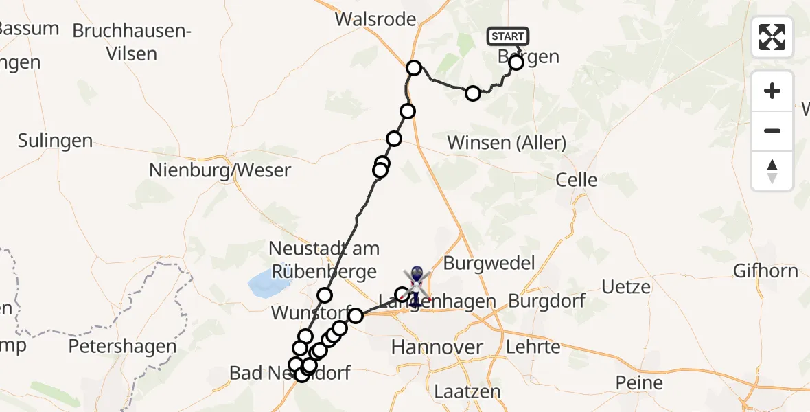 Flugroute Polizeihubschrauber Bergen - Flughafen Hannover, 03 September 2026, 10:45