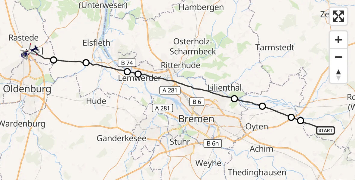 Flugroute Polizeihubschrauber Hellwege - Oldenburg Police Hubschrauberlandeplatz, 03 September 2026, 11:05
