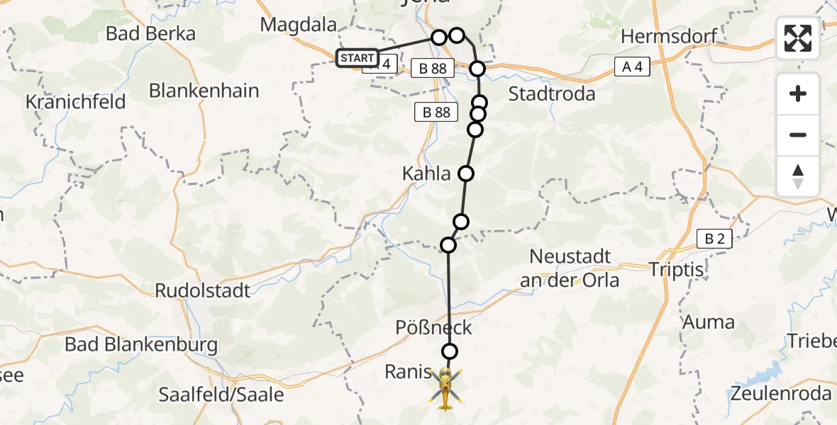 Flugroute Rettungshubschrauber Bucha - Wernburg, 03 September 2026, 11:28
