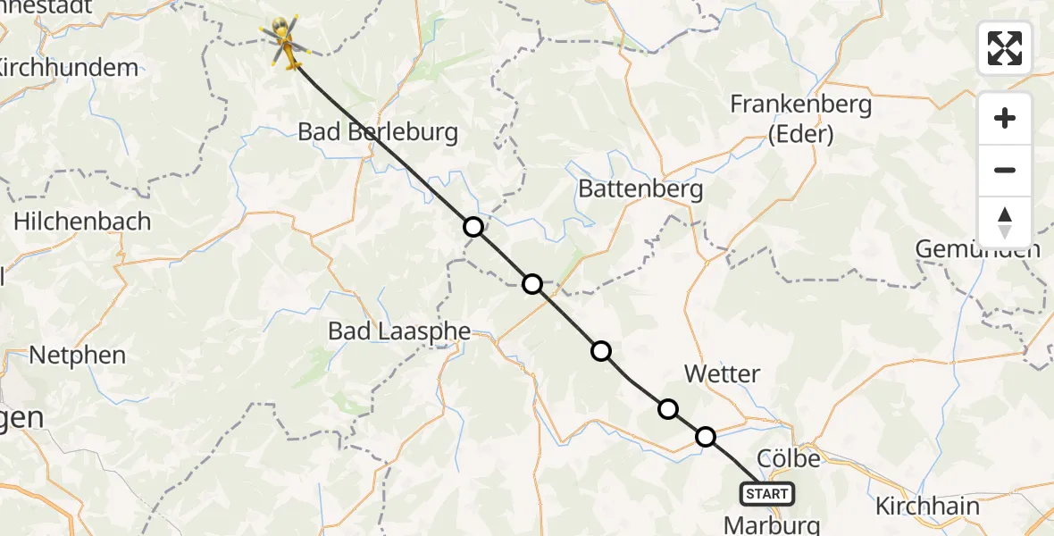 Flugroute Rettungshubschrauber Marburg - Bad Berleburg, 03 September 2026, 11:50