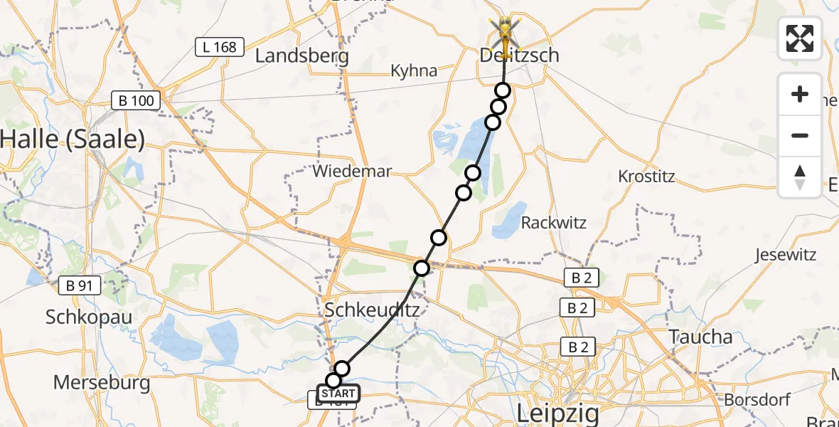 Flugroute Rettungshubschrauber ADAC Air Rescue Station Leipzig/Schkeuditz-Dölzig Hubschrauberlandeplatz (Christoph 61) - Delitzsch, 03 September 2026, 11:54