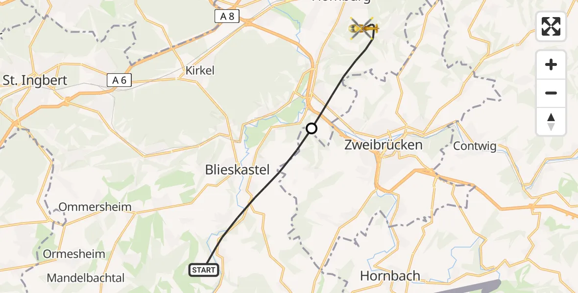 Flugroute Rettungshubschrauber Blieskastel - Homburg, 03 September 2026, 11:59