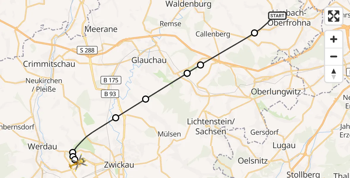 Flugroute Rettungshubschrauber Limbach-Oberfrohna - ADAC Air Rescue Station Zwickau Hubschrauberlandeplatz, 03 September 2026, 12:06