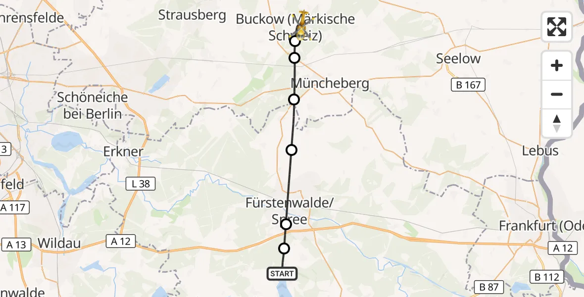 Flugroute Rettungshubschrauber Bad Saarow - Buckow (Märkische Schweiz), 03 September 2026, 12:11