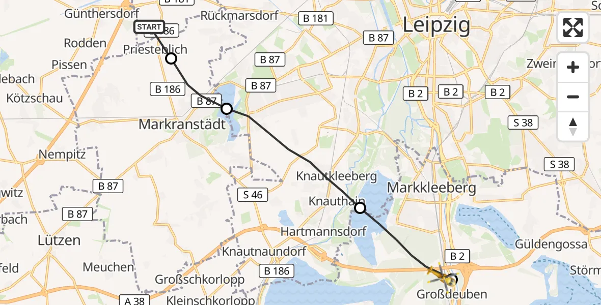 Flugroute Rettungshubschrauber Schkeuditz - Markkleeberg, 03 September 2026, 12:15
