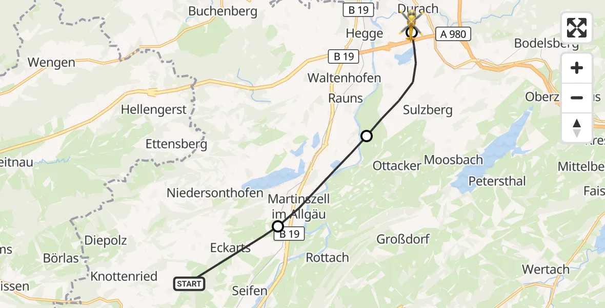 Flugroute Rettungshubschrauber Immenstadt i.Allgäu - Kempten-Durach Flugplatz, 03 September 2026, 12:34