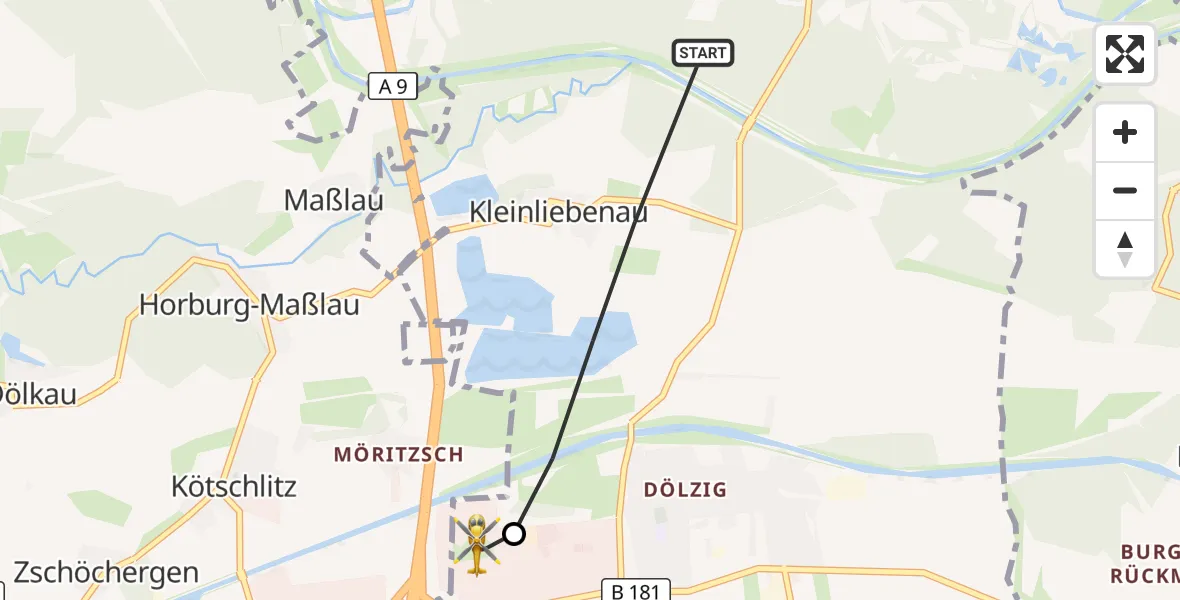 Flugroute Rettungshubschrauber Schkeuditz - ADAC Air Rescue Station Leipzig/Schkeuditz-Dölzig Hubschrauberlandeplatz (Christoph 61), 03 September 2026, 12:44
