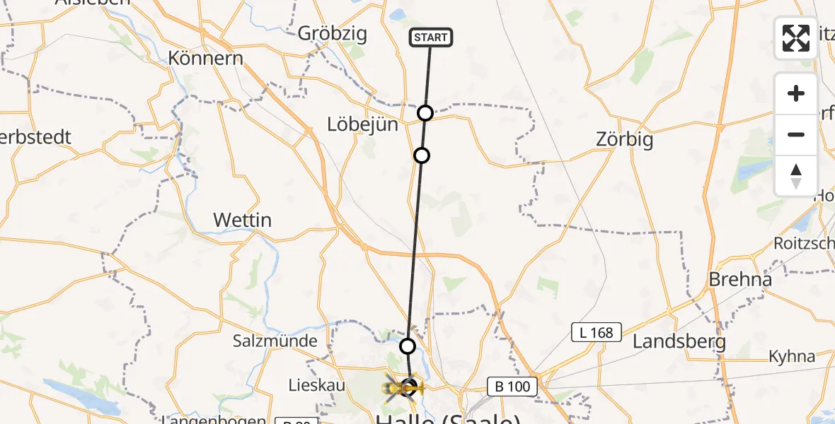 Flugroute Rettungshubschrauber Südliches Anhalt - Halle (Saale) University Hospital, 03 September 2026, 12:44