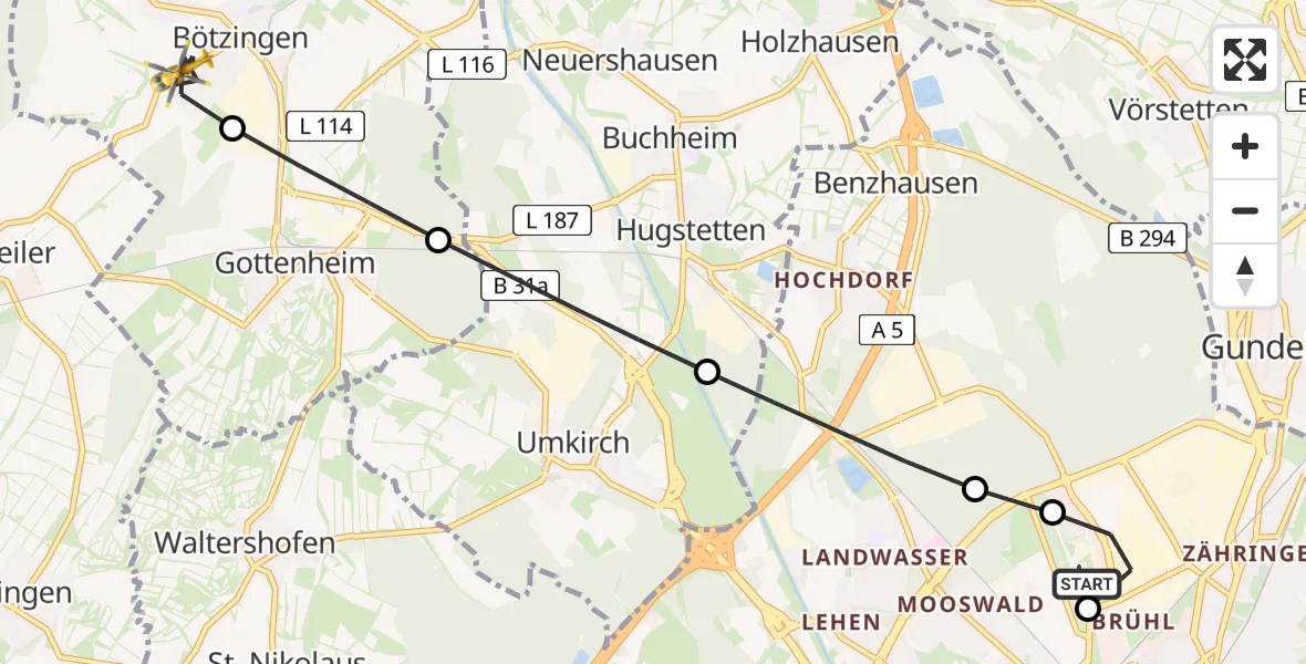 Flugroute Ambulanzhubschrauber Freiburg im Breisgau Flugplatz - Bötzingen, 03 September 2026, 12:44