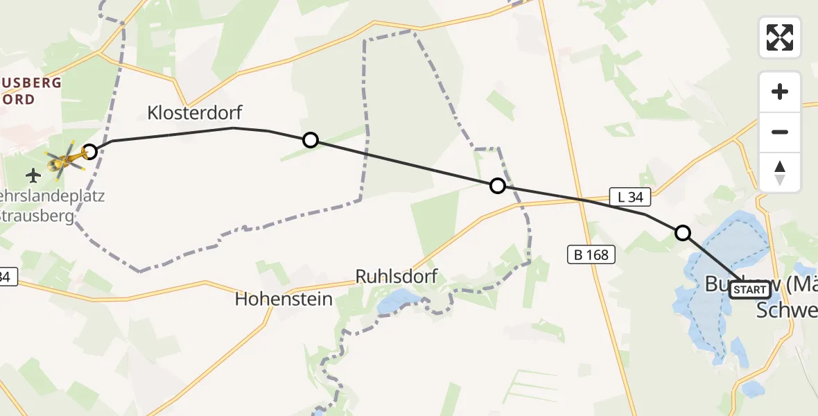 Flugroute Rettungshubschrauber Buckow (Märkische Schweiz) - Strausberg, 03 September 2026, 12:51