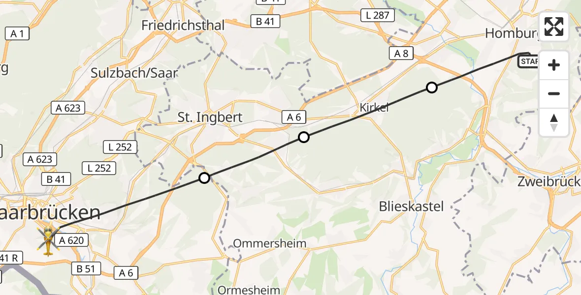 Flugroute Rettungshubschrauber Homburg - Saarbrücken, 03 September 2026, 12:51