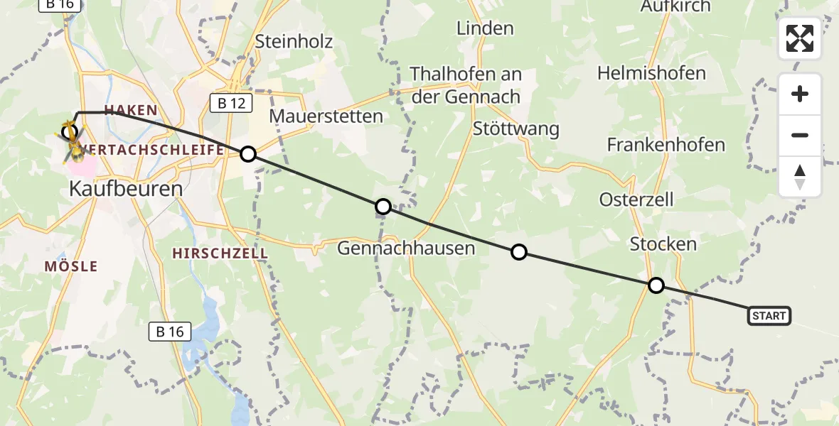 Flugroute Rettungshubschrauber Denklingen - Ostallgäu-Kaufbeuren Hospital, 03 September 2026, 13:03