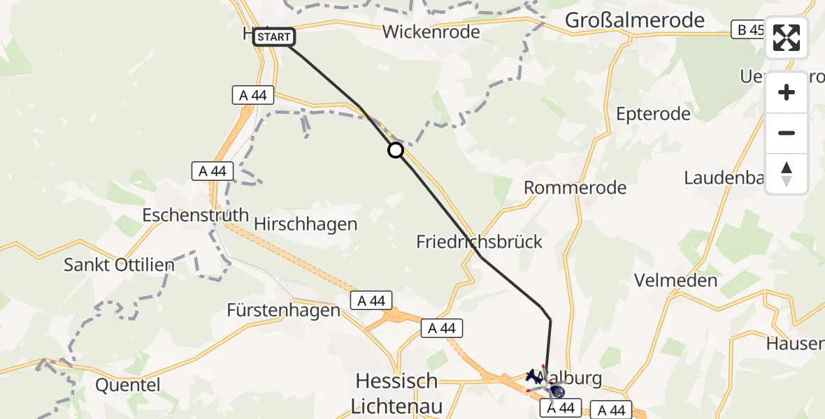 Flugroute Polizeihubschrauber Helsa - Hessisch Lichtenau, 03 September 2026, 13:04