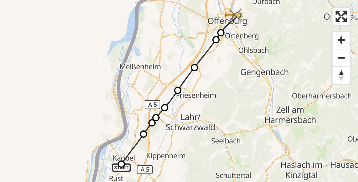 Flugroute Rettungshubschrauber Rust - Offenburg, 03 September 2026, 13:05