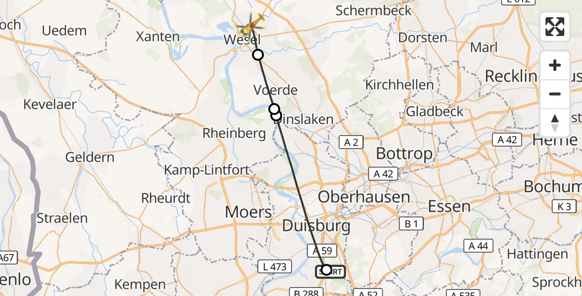 Flugroute Rettungshubschrauber Duisburg Air Rescue Hubschrauberlandeplatz (Christoph 9) - Wesel, 03 September 2026, 13:15