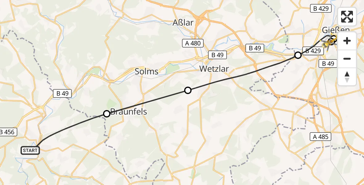 Flugroute Rettungshubschrauber Weilburg - Gießen University Hospital, 03 September 2026, 13:15