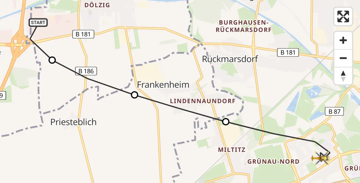 Flugroute Rettungshubschrauber ADAC Air Rescue Station Leipzig/Schkeuditz-Dölzig Hubschrauberlandeplatz (Christoph 61) - Leipzig, 03 September 2026, 13:25