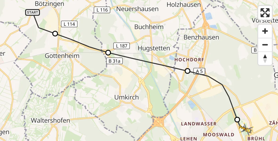 Flugroute Ambulanzhubschrauber Bötzingen - Freiburg im Breisgau Flugplatz, 03 September 2026, 13:25