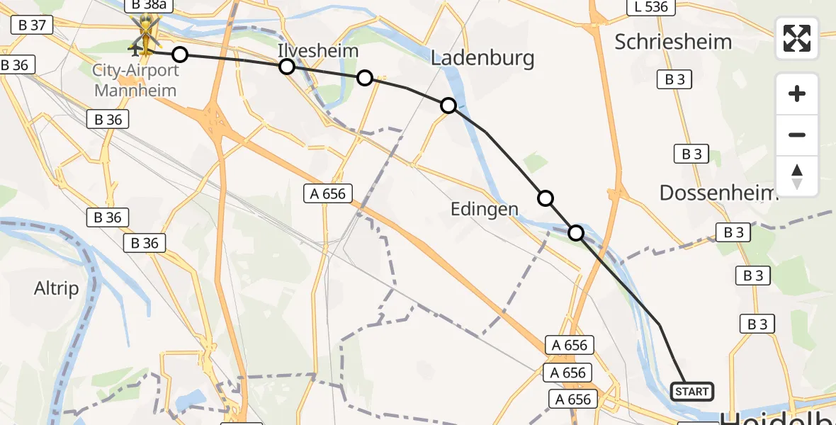 Flugroute Rettungshubschrauber Heidelberg - Mannheim-City Flughafen, 03 September 2026, 13:33