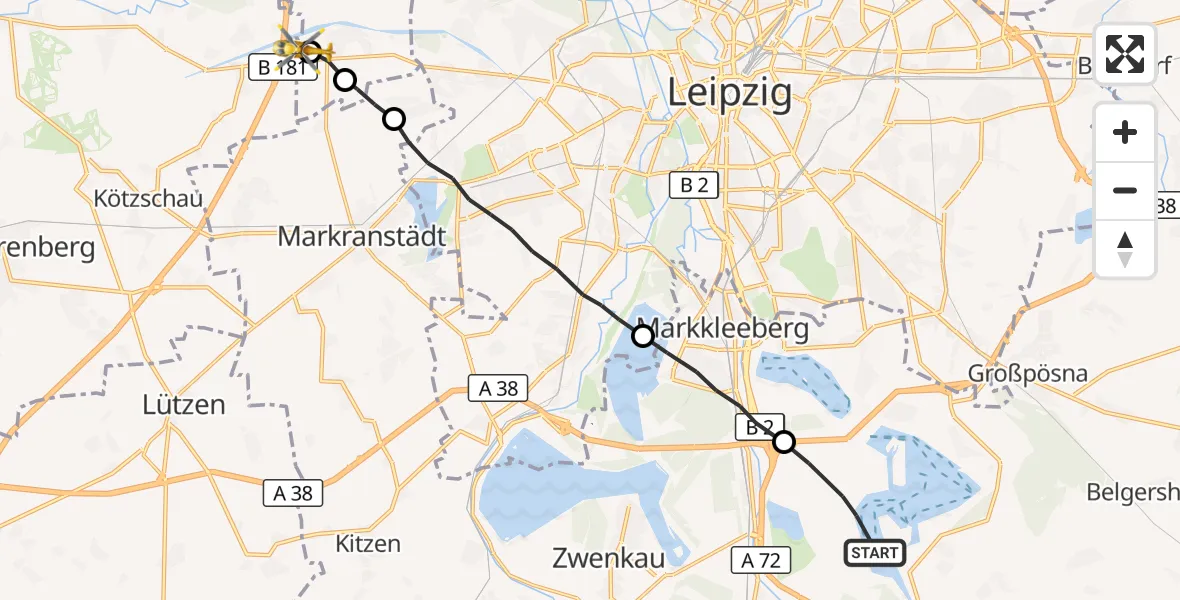 Flugroute Rettungshubschrauber Großpösna - ADAC Air Rescue Station Leipzig/Schkeuditz-Dölzig Hubschrauberlandeplatz (Christoph 61), 03 September 2026, 13:34