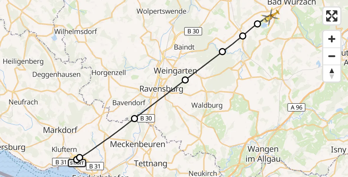 Flugroute Rettungshubschrauber Friedrichshafen Hospital - Bad Wurzach, 03 September 2026, 13:35