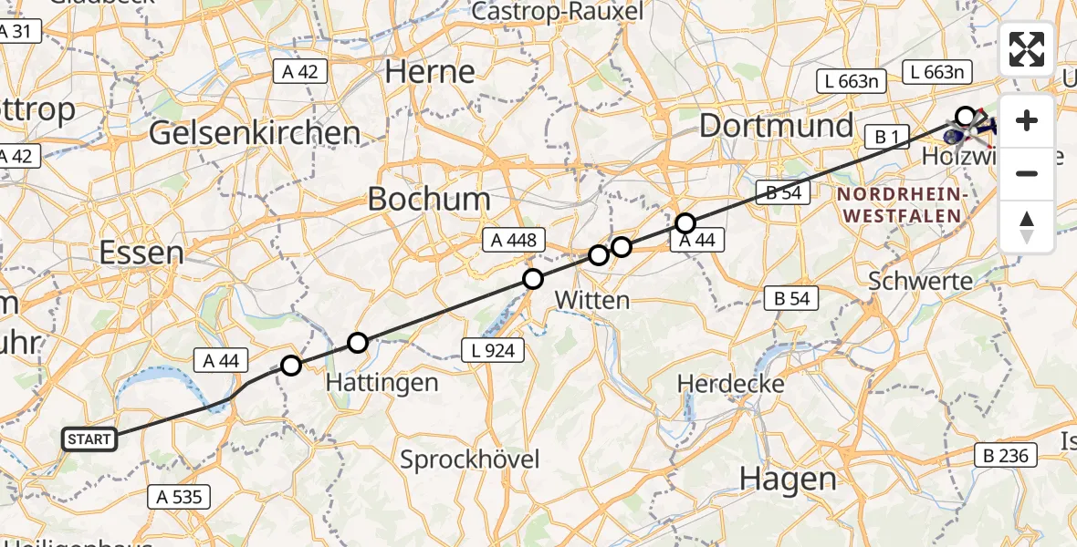 Flugroute Polizeihubschrauber Essen - Dortmund Flughafen, 03 September 2026, 13:43