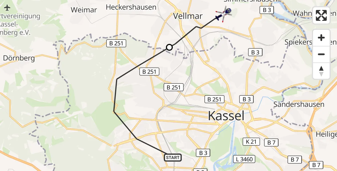 Flugroute Polizeihubschrauber Kassel - Vellmar, 03 September 2026, 13:44