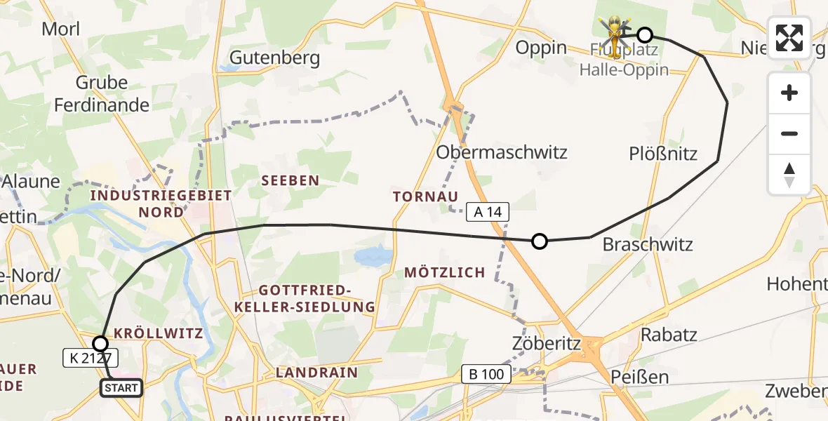 Flugroute Rettungshubschrauber Halle (Saale) University Hospital - Halle-Oppin Flugplatz, 03 September 2026, 13:44