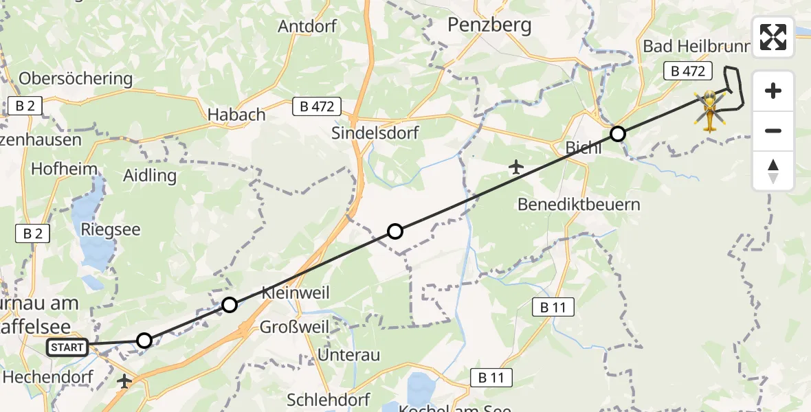 Flugroute Rettungshubschrauber Murnau Accident Hospital - Bad Heilbrunn, 03 September 2026, 13:53