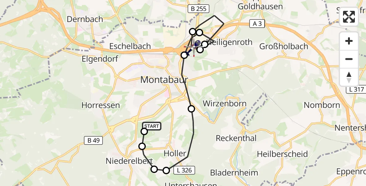 Flugroute Polizeihubschrauber Montabaur Flugplatz - Autobahn Police Heiligenroth Hubschrauberlandeplatz, 03 September 2026, 14:07