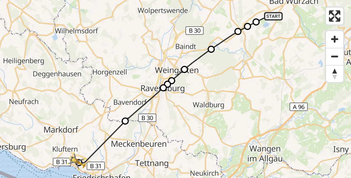 Flugroute Rettungshubschrauber Bad Wurzach - Friedrichshafen Hospital, 03 September 2026, 14:17