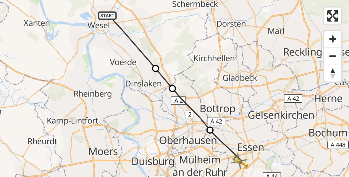 Flugroute Rettungshubschrauber Wesel - Essen, 03 September 2026, 14:25