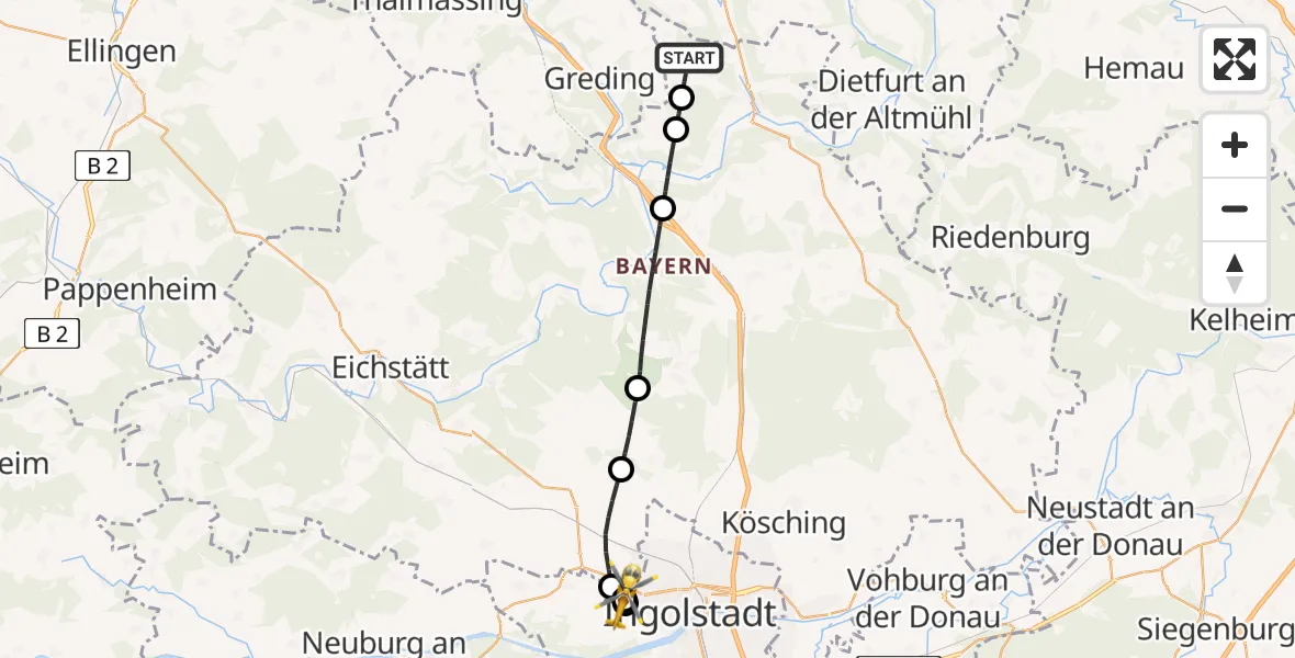 Flugroute Rettungshubschrauber Beilngries - Ingolstadt Hospital, 03 September 2026, 14:29