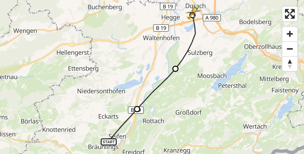 Flugroute Rettungshubschrauber Immenstadt i.Allgäu - Kempten-Durach Flugplatz, 03 September 2026, 14:29