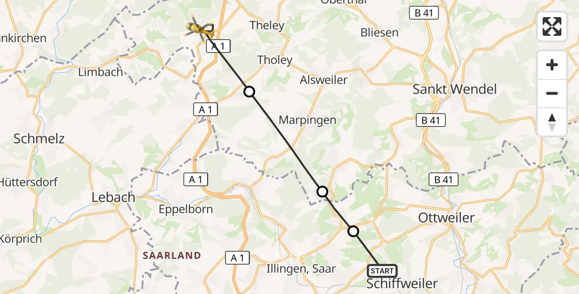 Flugroute Rettungshubschrauber Schiffweiler - Tholey, 03 September 2026, 14:29