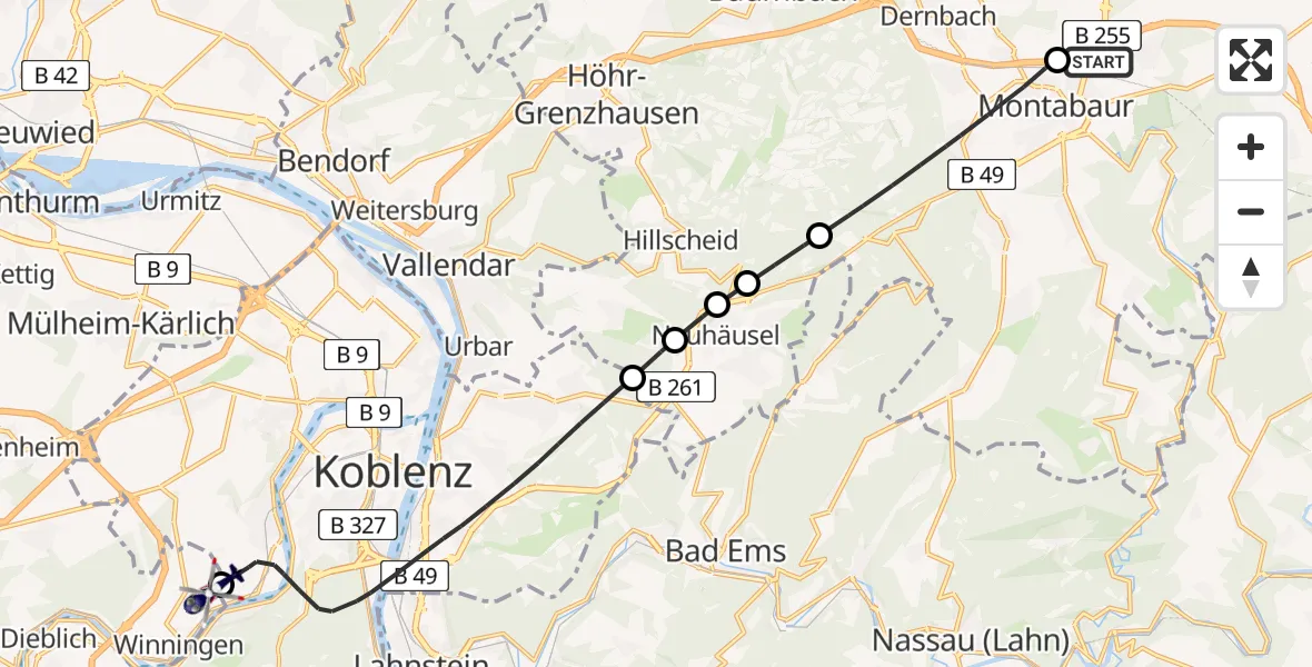 Flugroute Polizeihubschrauber Autobahn Police Heiligenroth Hubschrauberlandeplatz - Koblenz-Winningen Flugplatz, 03 September 2026, 14:29