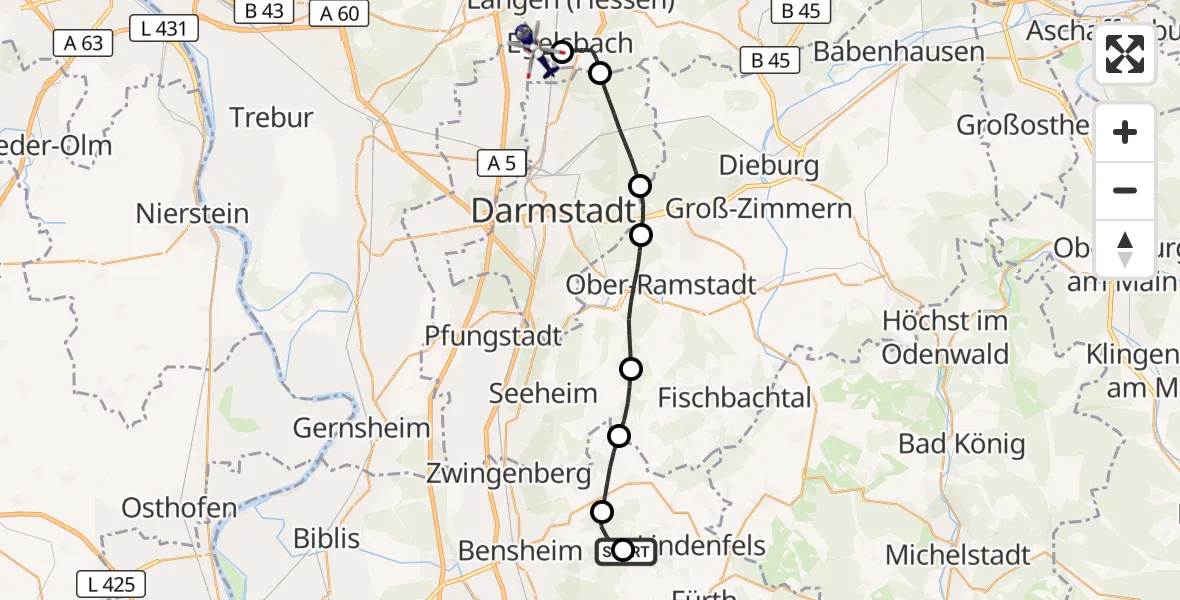 Flugroute Polizeihubschrauber Lautertal (Odenwald) - Flughafen Frankfurt-Egelsbach, 03 September 2026, 14:31