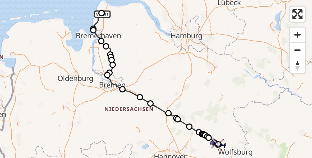 Flugroute Polizeihubschrauber Wurster Nordseeküste - Gifhorn Bundespolizei Hubschrauberlandeplatz, 03 September 2026, 14:32