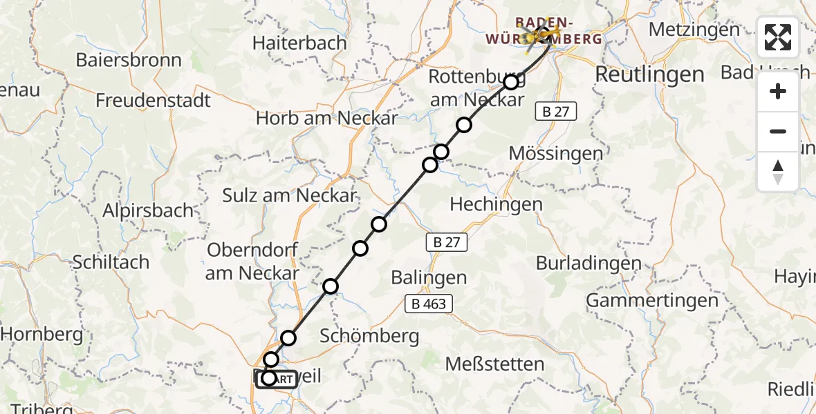 Flugroute Rettungshubschrauber Rottweil - Tübingen Trauma Hospital, 03 September 2026, 14:35