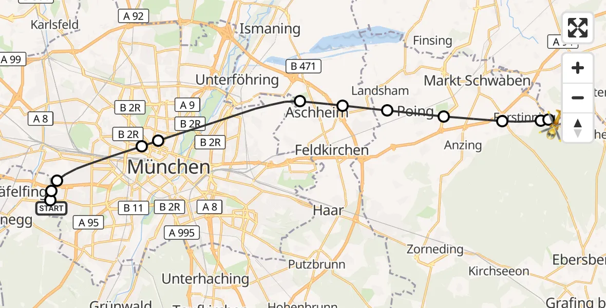 Flugroute Rettungshubschrauber DRF Air Rescue München Hubschrauberlandeplatz - Forstinning, 03 September 2026, 14:41