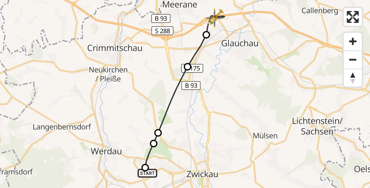 Flugroute Rettungshubschrauber ADAC Air Rescue Station Zwickau Hubschrauberlandeplatz - Glauchau, 03 September 2026, 14:43