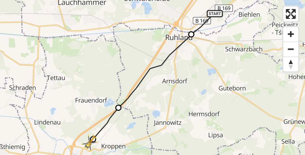 Flugroute Rettungshubschrauber Schwarzheide - Ortrand, 03 September 2026, 14:48