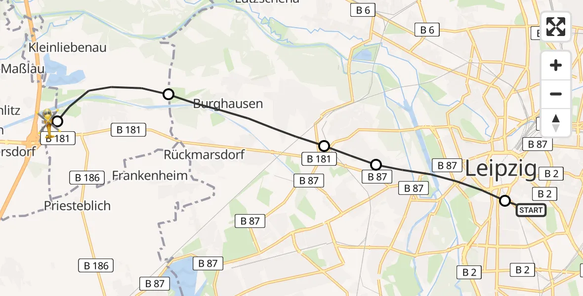 Flugroute Rettungshubschrauber Leipzig University Hospital Heliport 1 - ADAC Air Rescue Station Leipzig/Schkeuditz-Dölzig Hubschrauberlandeplatz (Christoph 61), 03 September 2026, 14:50
