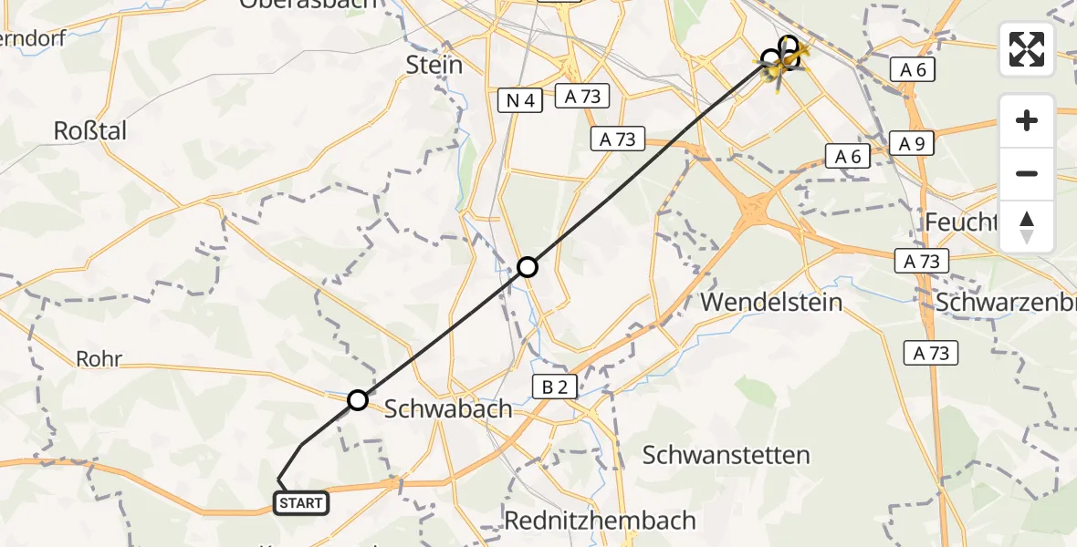 Flugroute Rettungshubschrauber Kammerstein - Nürnberg South Hospital, 03 September 2026, 14:51