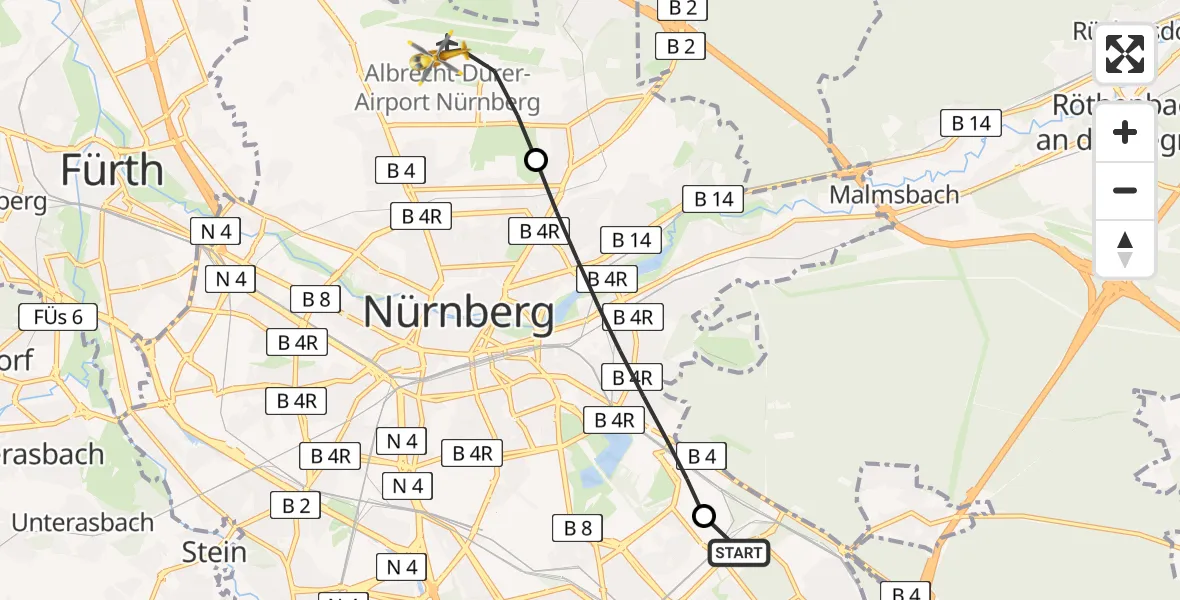 Flugroute Ambulanzhubschrauber Nürnberg South Hospital - Flughafen Nuremberg, 03 September 2026, 14:51