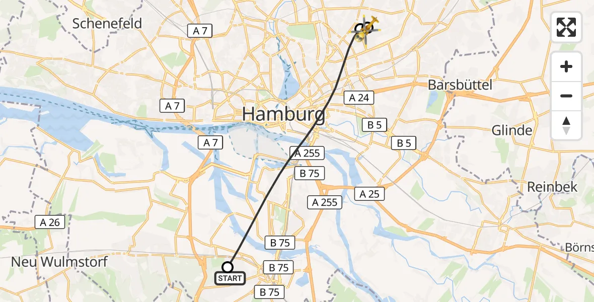 Flugroute Rettungshubschrauber Asklepios Hospital Harburg - Hamburg Military Hospital, 03 September 2026, 14:58